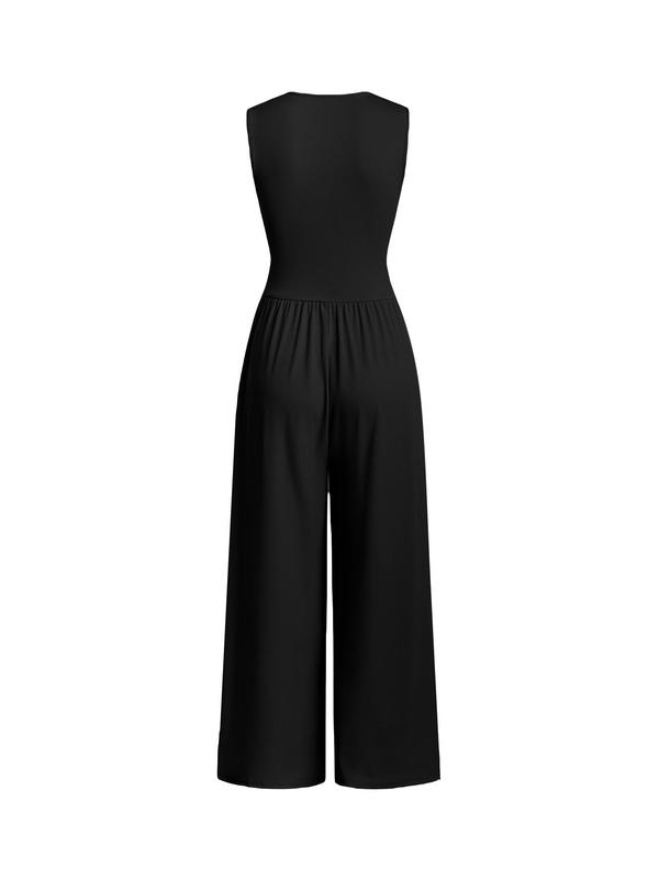 Women's Plain Ruched Deep V Neck Ribbed Jumpsuit, Elegant Sleeveless Wide Leg Jumpsuit for Summer, Minimalist Womenswear, Ladies Clothes for Beach Holiday Vacation