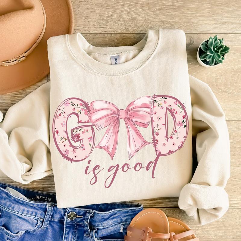 God Is Good Coquette Pink Bow Sweatshirt, Christian Shirts, Bible Verse, Jesus, Christian Apparel, Cotton Round Neck Tee, Full Sizes, Full Colors, Womenswear