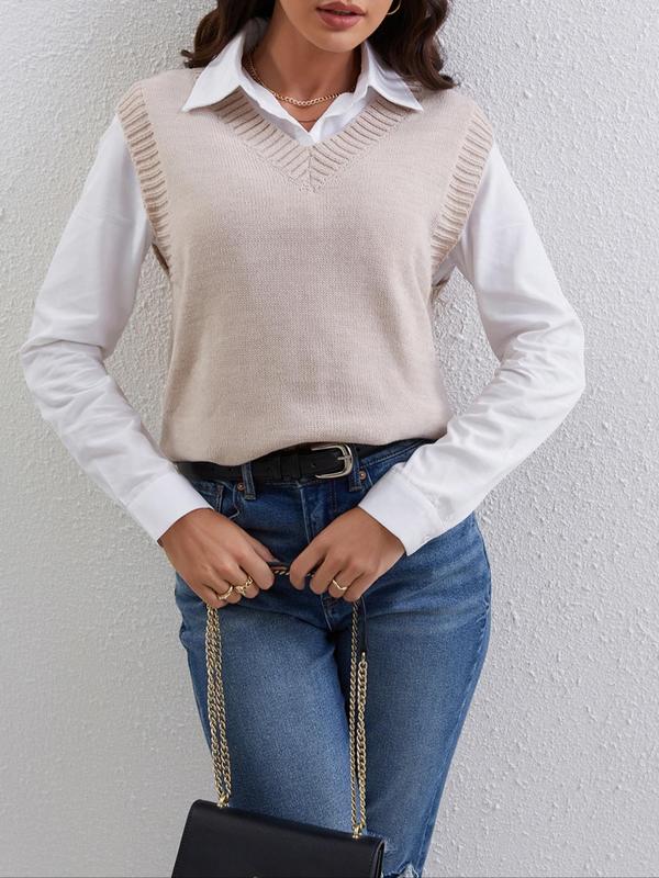 Women's Plain V Neck Sweater Vest, Casual Sleeveless Knit Top for Spring & Fall, Fashion Women's Knitwear for Daily Wear