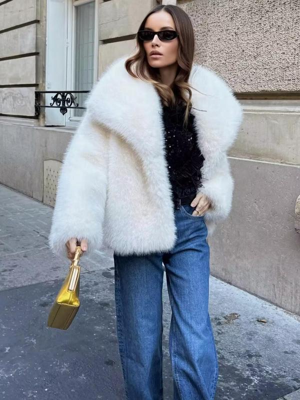 Women's Solid Color Faux Fur Fuzzy Jacket, Casual Long Sleeve Collared Fuzzy Coat for Fall & Winter, Women's Clothing for Daily Wear Outerwear