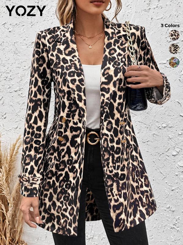 YOZY Christmas Deals, Women's Leopard Print Double Button Lapel Blazer Jackets, Elegant Long Sleeve Outerwear for Work Office Business, Ladies Clothes for All Seasons, Christmas 2024 Trend, Fall & Winter Clothes