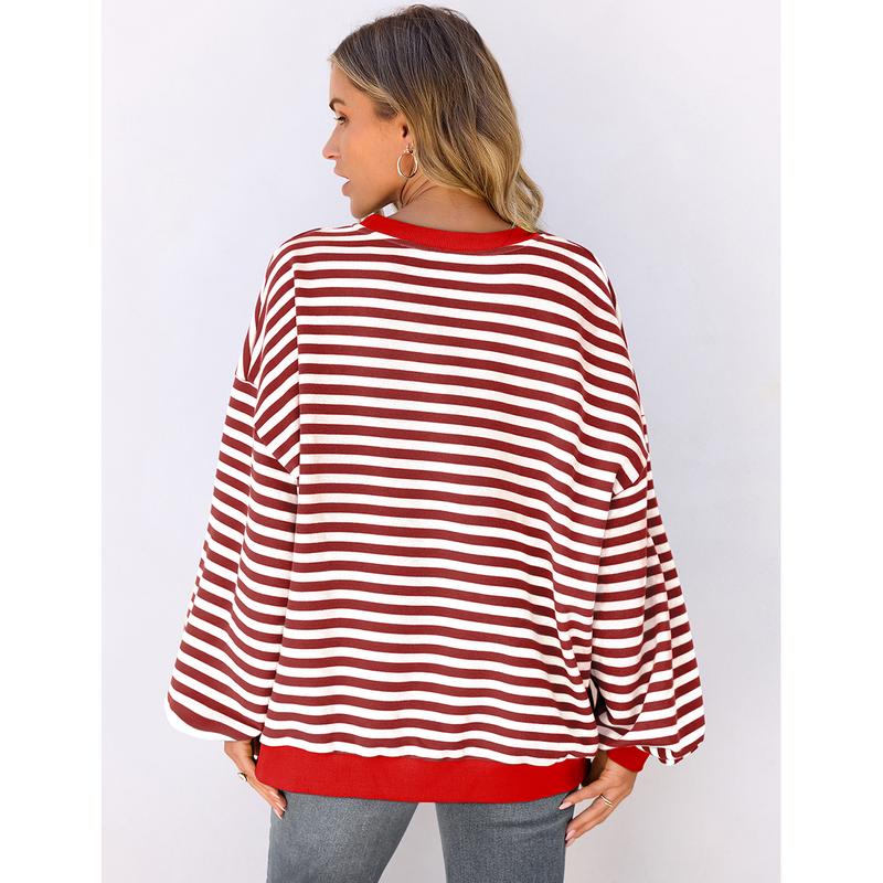 UEU Christmas Women Oversized Striped Crewneck Sweatshirt  Casual Loose Workout Shirt Y2K Clothes Cotton Crewneck Hoodie Baggy  Tops Long Sleeve Piece