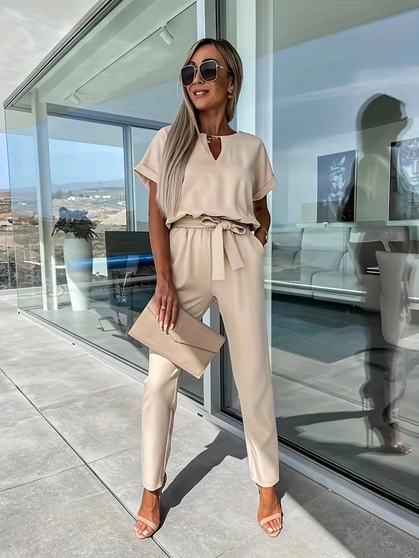 Women's Solid Belted Jumpsuit, Elegant Batwing Sleeve Pocket Jumpsuit for Summer, Fashion Women's Clothes for Daily Wear