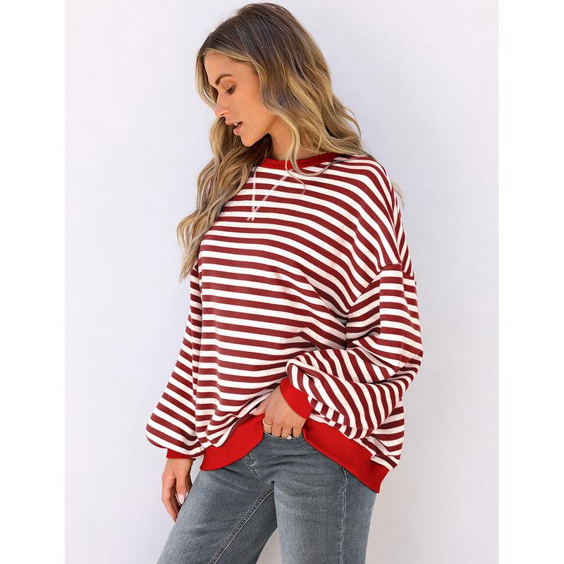 UEU Christmas Women Oversized Striped Crewneck Sweatshirt  Casual Loose Workout Shirt Y2K Clothes Cotton Crewneck Hoodie Baggy  Tops Long Sleeve Piece