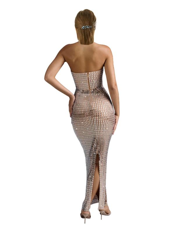 Women's Rhinestone Decor Split Thigh Bodycon Tube Dress, Elegant Zipper  Sleeveless Long Dress for Party Club Dating Wear, Ladies Clothes for All Seasons