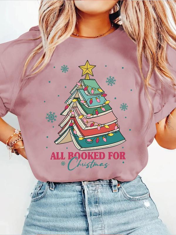 Women's Christmas Themed Books & Letter Print Round Neck Tee, Casual Drop Shoulder Half Sleeve T-Shirt for Summer, Women's Top for Daily Wear