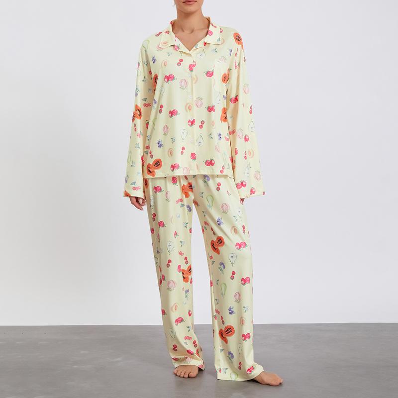 Women Pajamas Lounge Set Strawberry Print Turn-Down Collar Long Sleeve Shirts Tops and Pants Loungewear Outfits, Womenswear Check Light Polyester