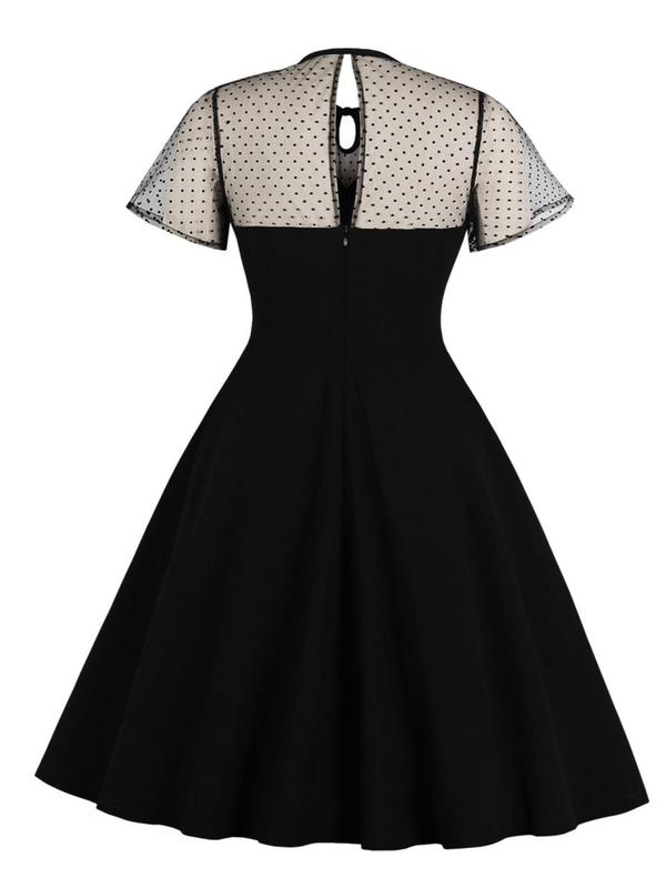 Women's Patchwork Polka Dot Print Contrast Mesh Cut Out Tie Front A Line Dress, Elegant Keyhole Neckline Short Sleeve Dress for Party Holiday Wedding Guest, Ladies Spring & Fall Clothes