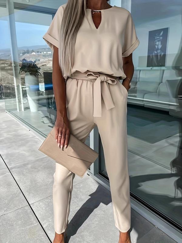 Women's Solid Belted Jumpsuit, Elegant Batwing Sleeve Pocket Jumpsuit for Summer, Fashion Women's Clothes for Daily Wear