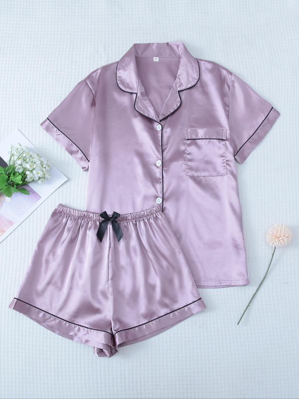 Two-Piece Set Women's Contrast Binding Lapel Pocket Shirt & Elastic Waist Shorts Satin Pyjama Set, Button Front Short Sleeve Top & Bow Decor Shorts PJ Set, Summer Sleepwear Set, Birthday Gifts