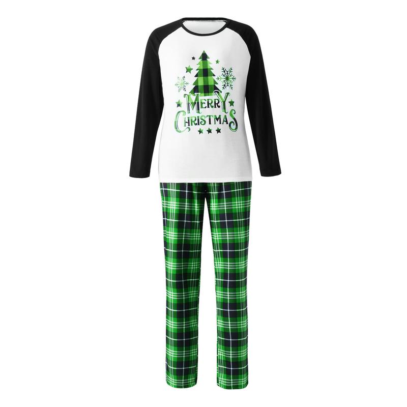 Family Matching Christmas Pajamas Set, Xmas Tree Letter Print Round Neck Long Sleeve Tops Plaid Long Pants for Parents Kids