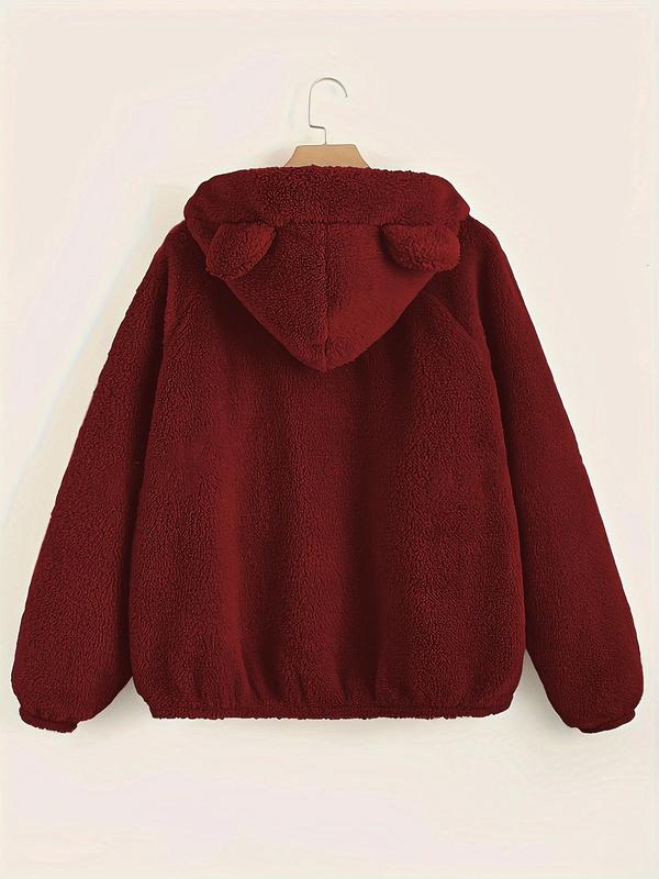  Solid Color Bear Ear Design Hoodie, Cute Raglan Sleeve Hooded Sweatshirt for Fall & Winter, Women's Clothing for Daily Wear