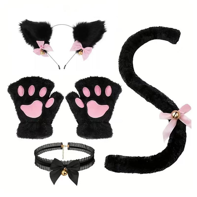 Cat Cosplay Costume Set with Bell, 4-Piece Animal Role Play Accessories Kit - Black Cat Ears Headband, Paw Gloves, Tail, Collar - Polyester Party Dress Up Props for Themed Events