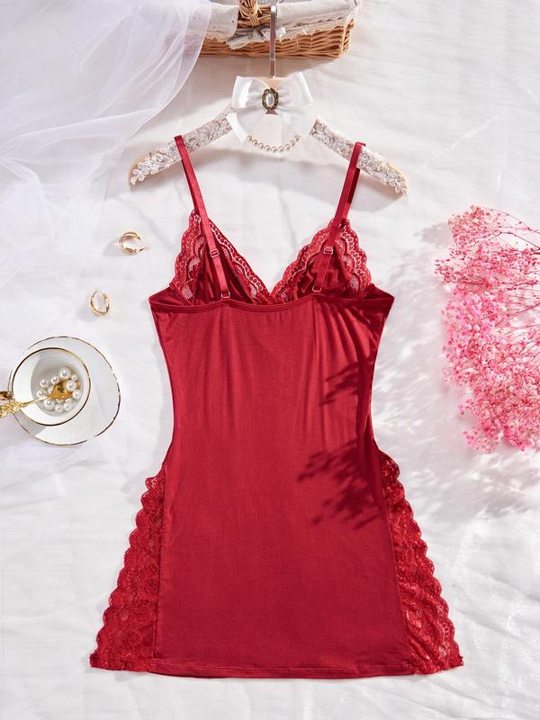 Three-piece Set Women's Solid Contrast Lace Cami Nightdress & Bow Decor Sheer Open Crotch Thong & Bra Set, Adjustable Spaghetti Strap Split Nightgown & Panty & Bra Set, Ladies Mixed Pajama Set for All Seasons