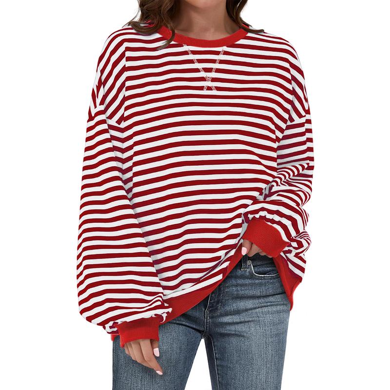 UEU Christmas Women Oversized Striped Crewneck Sweatshirt  Casual Loose Workout Shirt Y2K Clothes Cotton Crewneck Hoodie Baggy  Tops Long Sleeve Piece