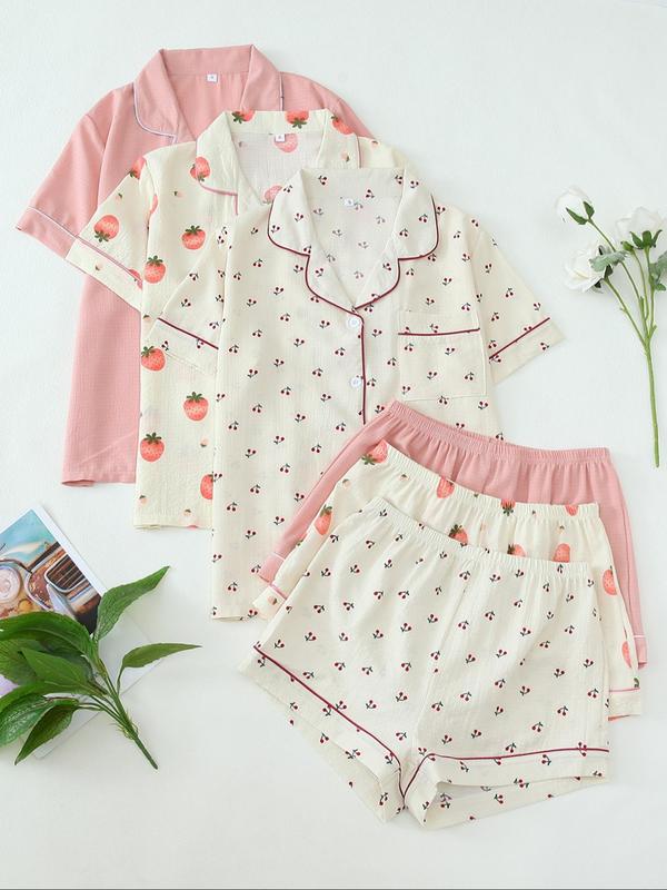 Women's Heart All Over Fruit Print Contrast Binding Pyjama Set, Short Sleeve Lapel Neck Button Up Top & Elastic Waist Shorts PJ Set, Casual Comfy Loungewear Set for Women