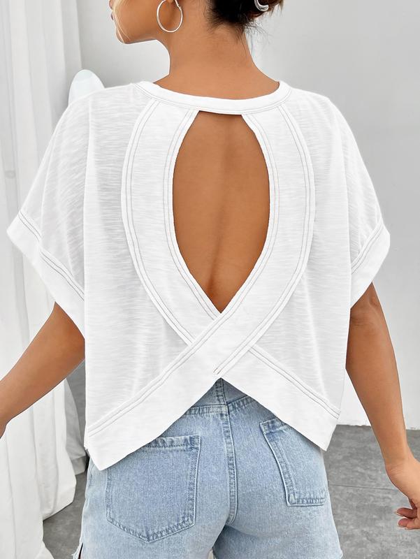 Criss Cross Cut Out Back Tee Short Sleeve Round Neck T Shirt Tops