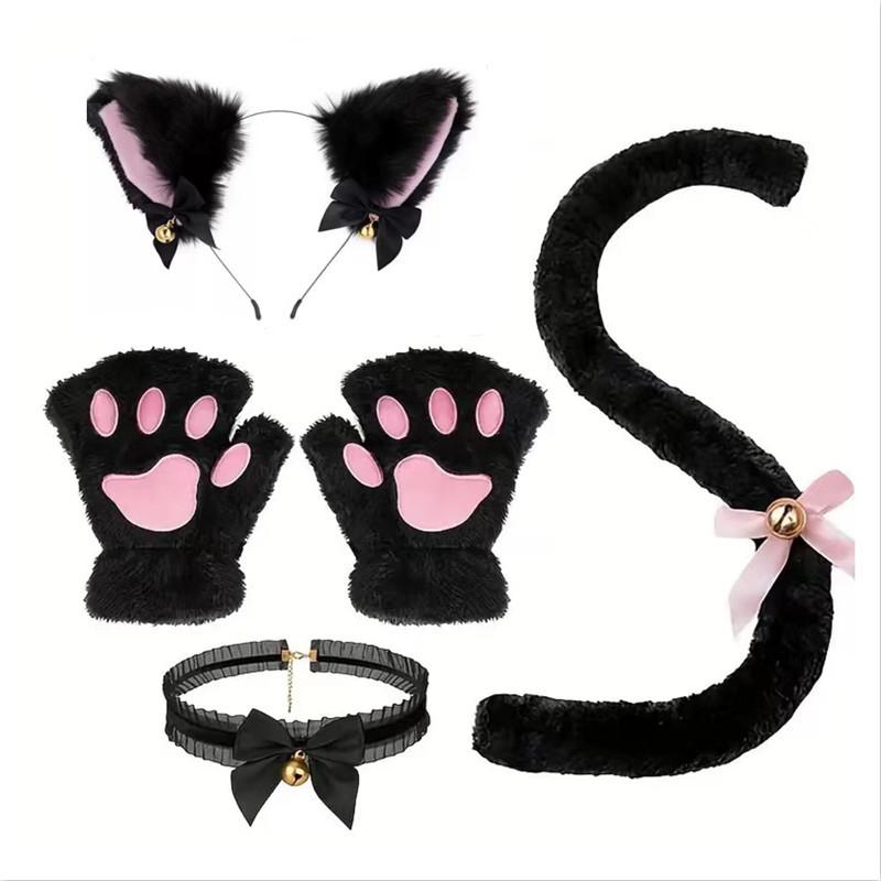 Cat Cosplay Costume Set with Bell, 4-Piece Animal Role Play Accessories Kit - Black Cat Ears Headband, Paw Gloves, Tail, Collar - Polyester Party Dress Up Props for Themed Events