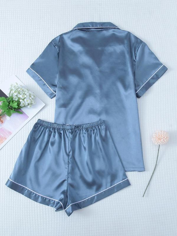 Two-Piece Set Women's Contrast Binding Lapel Pocket Shirt & Elastic Waist Shorts Satin Pyjama Set, Button Front Short Sleeve Top & Bow Decor Shorts PJ Set, Summer Sleepwear Set, Birthday Gifts