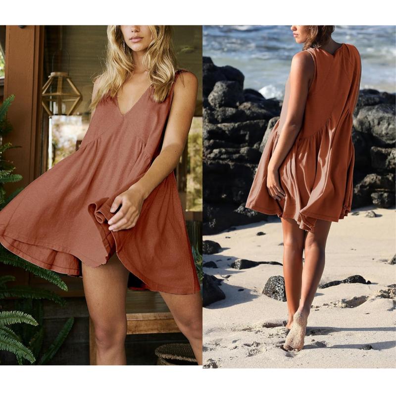 UANEO Womens Summer Sleeveless Mini Dress Casual Loose V Neck Sundress with Pockets Fashion Fit