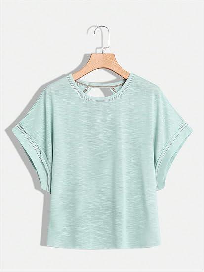 Criss Cross Cut Out Back Tee Short Sleeve Round Neck T Shirt Tops