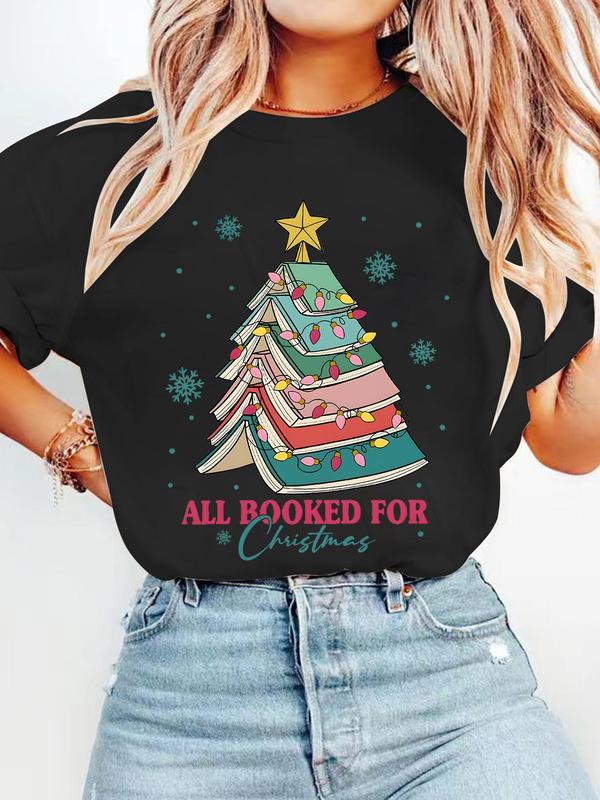 Women's Christmas Themed Books & Letter Print Round Neck Tee, Casual Drop Shoulder Half Sleeve T-Shirt for Summer, Women's Top for Daily Wear