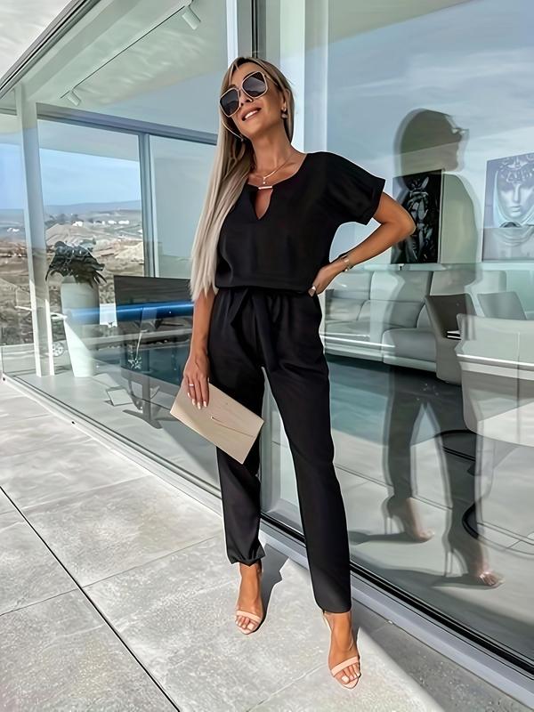 Women's Solid Belted Jumpsuit, Elegant Batwing Sleeve Pocket Jumpsuit for Summer, Fashion Women's Clothes for Daily Wear