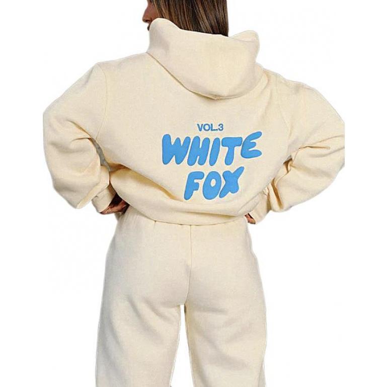 Women's Two Piece Fashion Printed Letter Whitefox Sport Fleece Jacket Long Sleeve Pullover Hoodie Top Casual Sweatpants Warm Suit