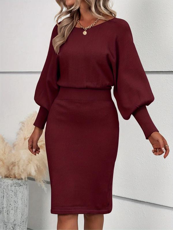 Women's Plain Bishop Sleeve Round Neck Sweater Dress, Casual Long Sleeve Crew Neck Bodycon Dress for Fall & Winter, Women's Knitwear for Daily Wear