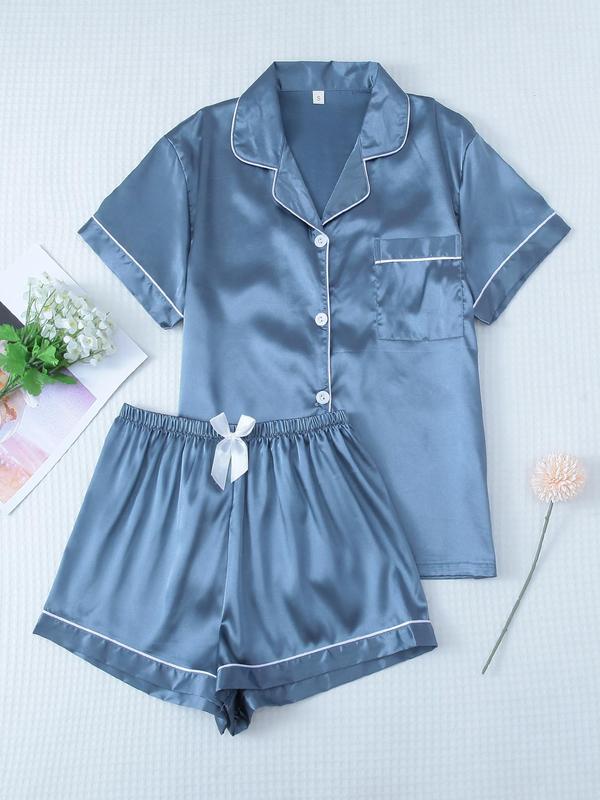 Two-Piece Set Women's Contrast Binding Lapel Pocket Shirt & Elastic Waist Shorts Satin Pyjama Set, Button Front Short Sleeve Top & Bow Decor Shorts PJ Set, Summer Sleepwear Set, Birthday Gifts