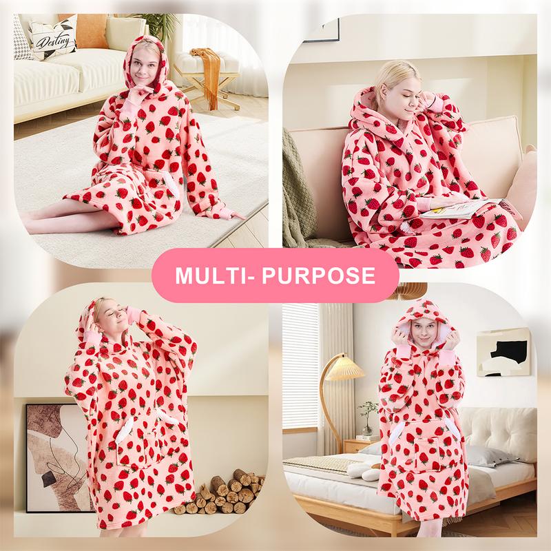 Short Wearable Blanket Hoodie for Adult Women Sherpa Fleece Hooded Sweatshirt Blanket, Cozy Blanket Hoodie with Sleeves, Blanket Hoodie for Gift (Pink Strawberry)