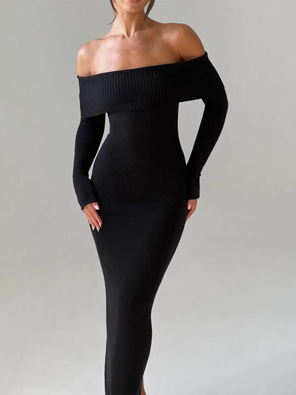 Women's Off Shoulder Split Hem Bodycon Knitting Dress, Elegant Long Sleeve Dress for Party Dating Wear, Women's Clothing for Fall & Winter