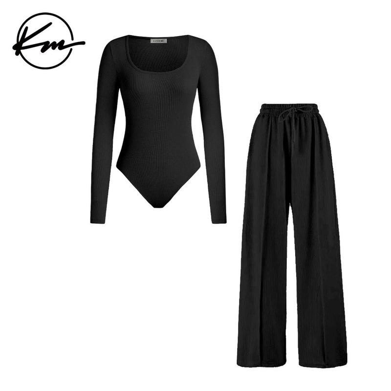 Women's Trendy Square Neck Shaping Bodysuit & High Waist Wide Leg Pockets Trousers Co-ord,Long Sleeve Stretch Shapewear,Comfort Two-Piece Outfit