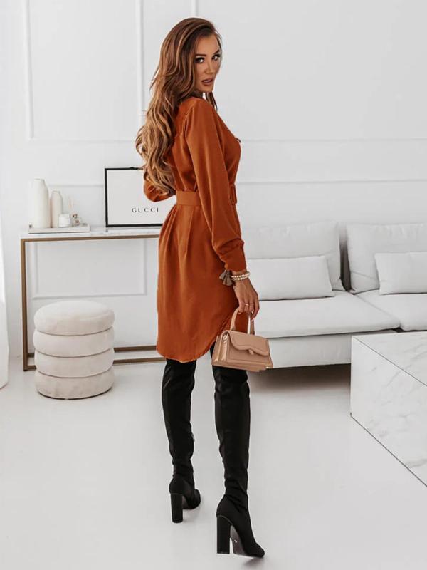 Women's Solid Color Button Front Belted Shirt Dress, Casual Curved Hem Long Sleeve Collared Short Dress for Daily Wear, Ladies Clothes for All Seasons Longsleeves