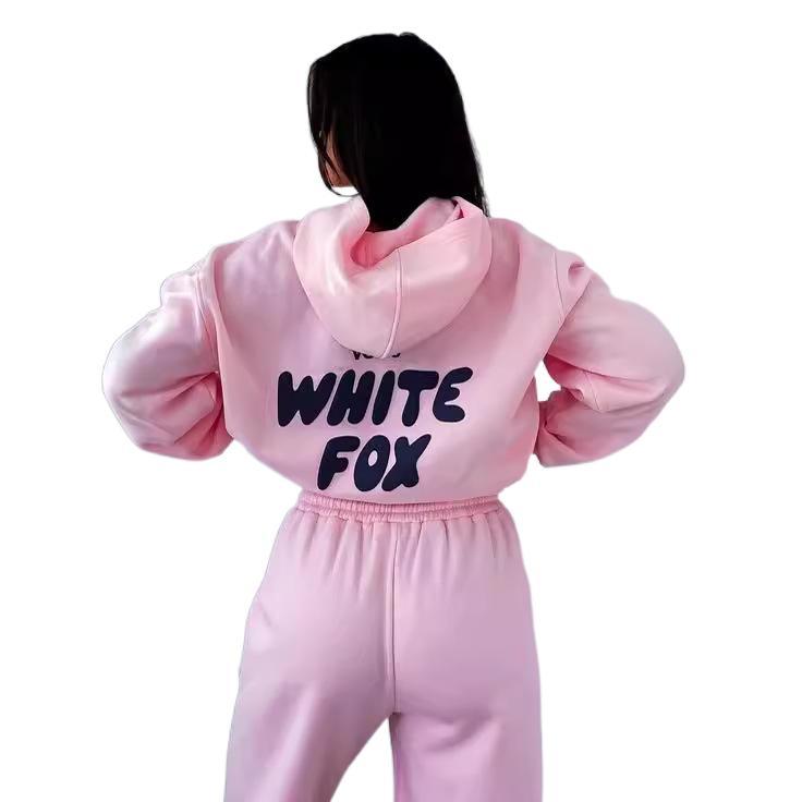 Women's Two Piece Fashion Printed Letter Whitefox Sport Fleece Jacket Long Sleeve Pullover Hoodie Top Casual Sweatpants Warm Suit