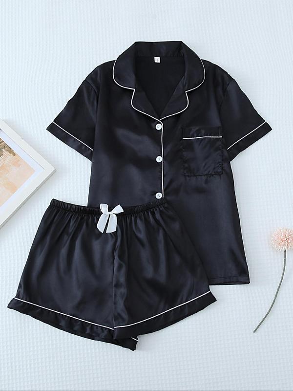 Two-Piece Set Women's Contrast Binding Lapel Pocket Shirt & Elastic Waist Shorts Satin Pyjama Set, Button Front Short Sleeve Top & Bow Decor Shorts PJ Set, Summer Sleepwear Set, Birthday Gifts