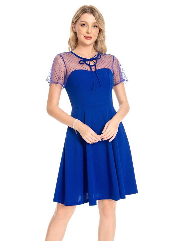 Women's Patchwork Polka Dot Print Contrast Mesh Cut Out Tie Front A Line Dress, Elegant Keyhole Neckline Short Sleeve Dress for Party Holiday Wedding Guest, Ladies Spring & Fall Clothes