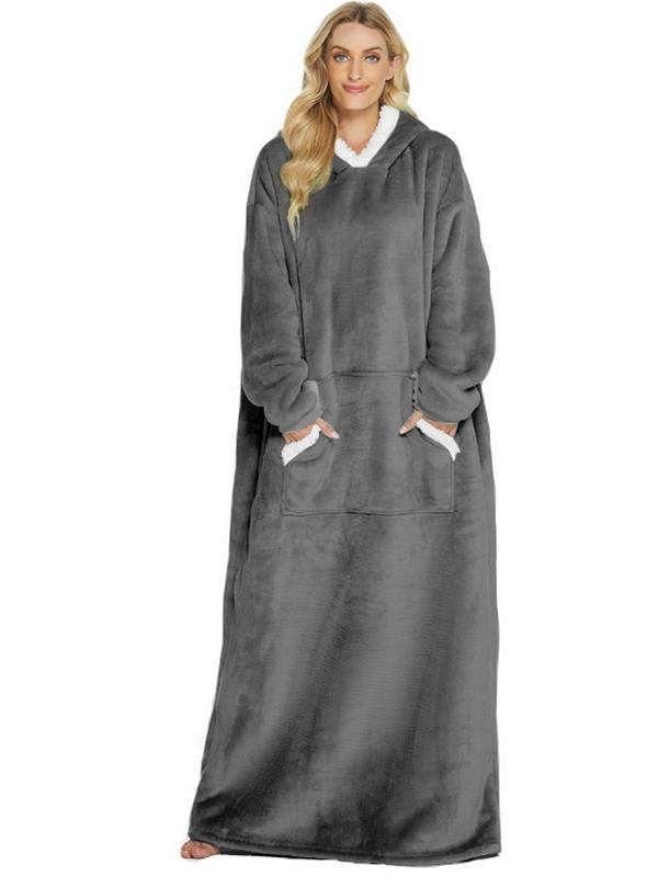 Women's Plus Size Plain Drop Shoulder Flannel Hooded Robe with Pockets, Casual Long Sleeve Wearable Blanket Loungewear for Women, Women's Bedroom Sleepwear for Fall & Winter, Fall Wear, Fallfreshness