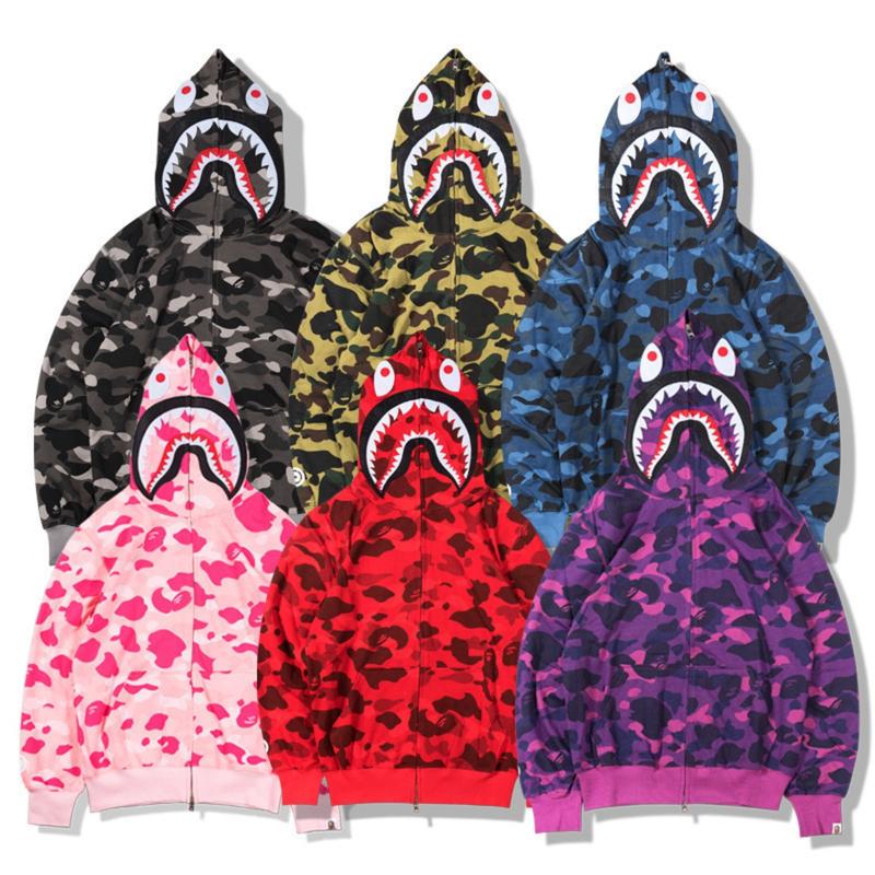 New Men's Couple Fashion Shark Head Camouflage Cardigan Hooded Sweater,bape