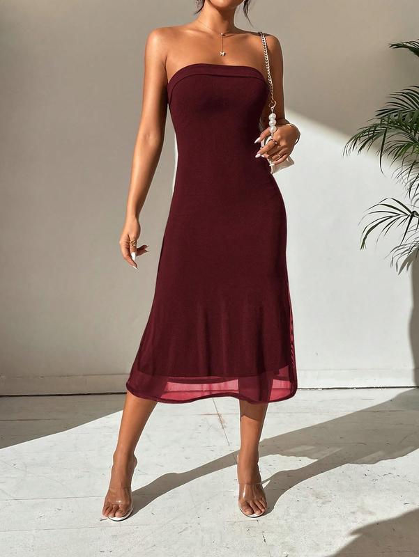 Strapless Midi Dress Tube Top Off Shoulder Sleeveless Fitted Cocktail Club Party Formal Long Dresses