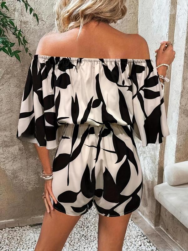 Women's Leaf Print Off Shoulder Wide Leg Romper, Casual Batwing Sleeve Drawstring Romper for Summer, Fashion Women's Clothes for Daily Wear