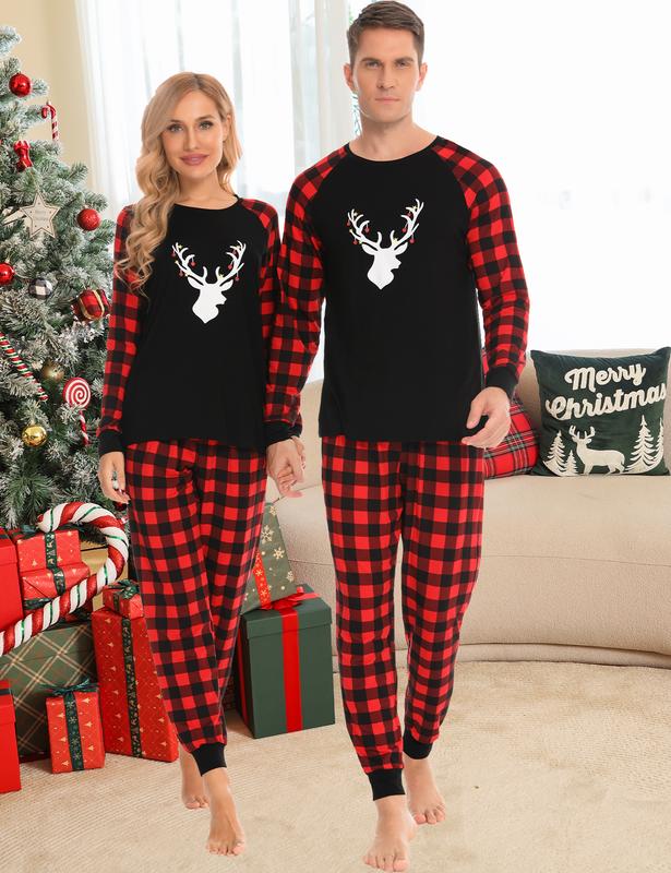 SWOMOG Christmas Matching Couple Pajamas Sets Family Xmas Jammies Casual Long-Sleeve Sleepwear Sets Festival PJ Set Couple Womenswear Clothing