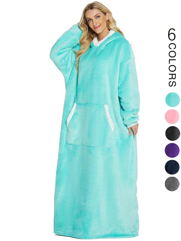 Women's Plus Size Plain Drop Shoulder Flannel Hooded Robe with Pockets, Casual Long Sleeve Wearable Blanket Loungewear for Women, Women's Bedroom Sleepwear for Fall & Winter, Fall Wear, Fallfreshness