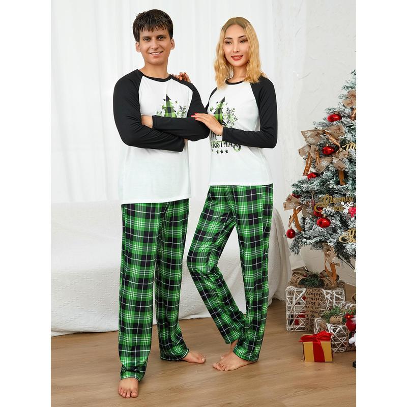 Family Matching Christmas Pajamas Set, Xmas Tree Letter Print Round Neck Long Sleeve Tops Plaid Long Pants for Parents Kids