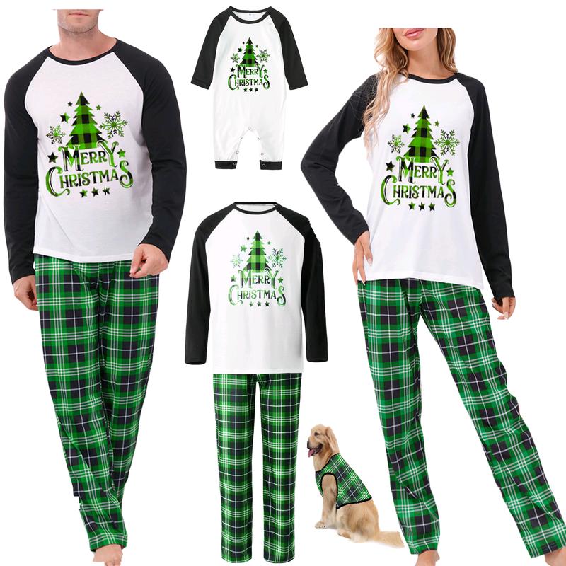 Family Matching Christmas Pajamas Set, Xmas Tree Letter Print Round Neck Long Sleeve Tops Plaid Long Pants for Parents Kids