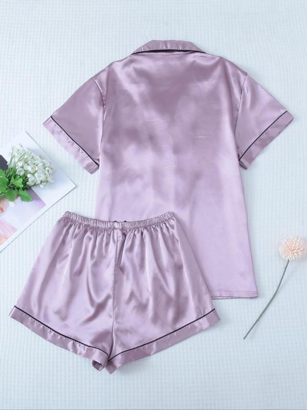 Two-Piece Set Women's Contrast Binding Lapel Pocket Shirt & Elastic Waist Shorts Satin Pyjama Set, Button Front Short Sleeve Top & Bow Decor Shorts PJ Set, Summer Sleepwear Set, Birthday Gifts