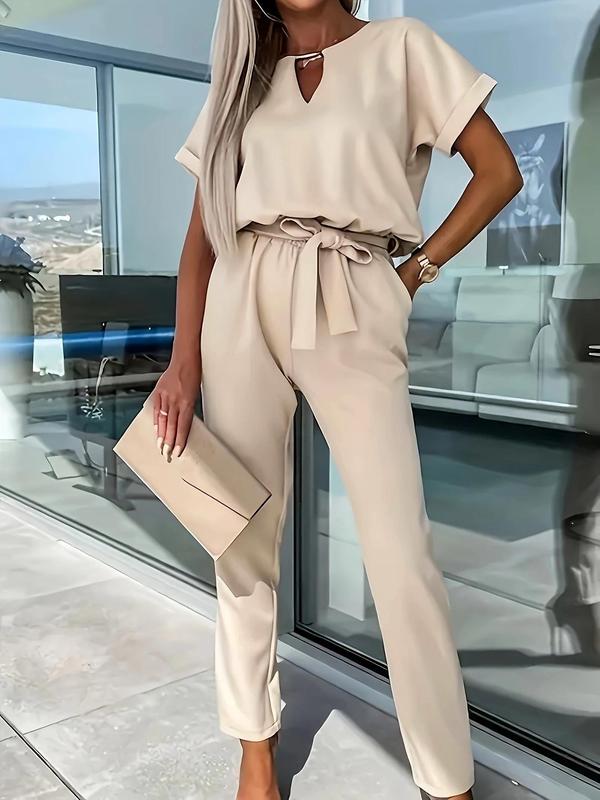 Women's Solid Belted Jumpsuit, Elegant Batwing Sleeve Pocket Jumpsuit for Summer, Fashion Women's Clothes for Daily Wear