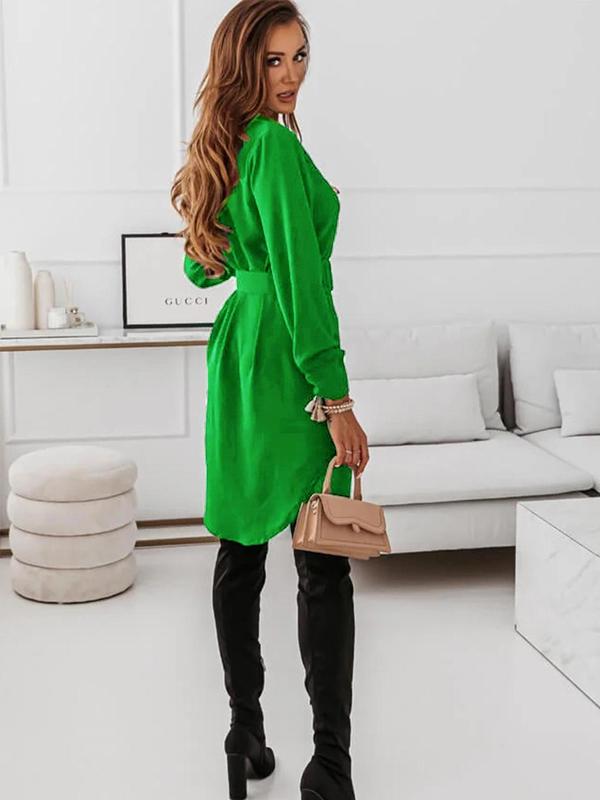 Women's Solid Color Button Front Belted Shirt Dress, Casual Curved Hem Long Sleeve Collared Short Dress for Daily Wear, Ladies Clothes for All Seasons Longsleeves