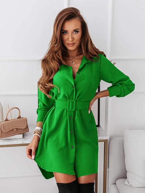 Women's Solid Color Button Front Belted Shirt Dress, Casual Curved Hem Long Sleeve Collared Short Dress for Daily Wear, Ladies Clothes for All Seasons Longsleeves