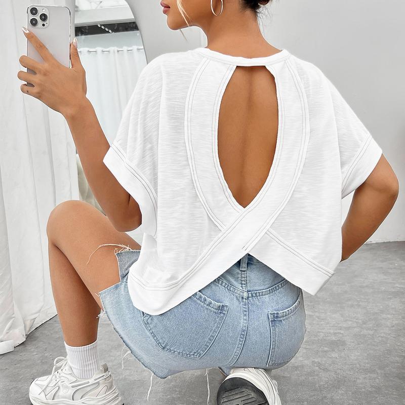 Criss Cross Cut Out Back Tee Short Sleeve Round Neck T Shirt Tops